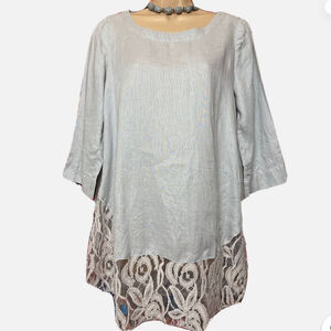 PHASE EIGHT Grey LINEN Tunic Crotchet Lace Hem Elegant Gray Lace Trim Top 12